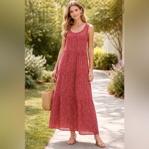 Max Studio Red Floral Maxi Dress – Sleeveless Tiered Boho Style Size Large